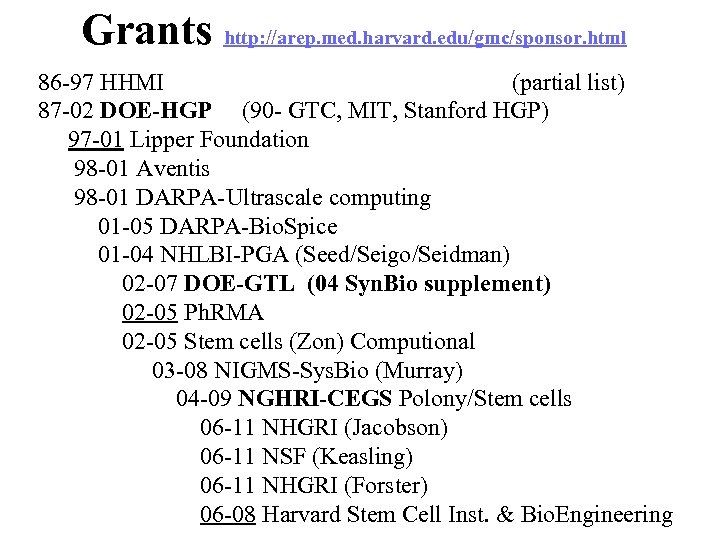 Grants http: //arep. med. harvard. edu/gmc/sponsor. html 86 -97 HHMI (partial list) 87 -02