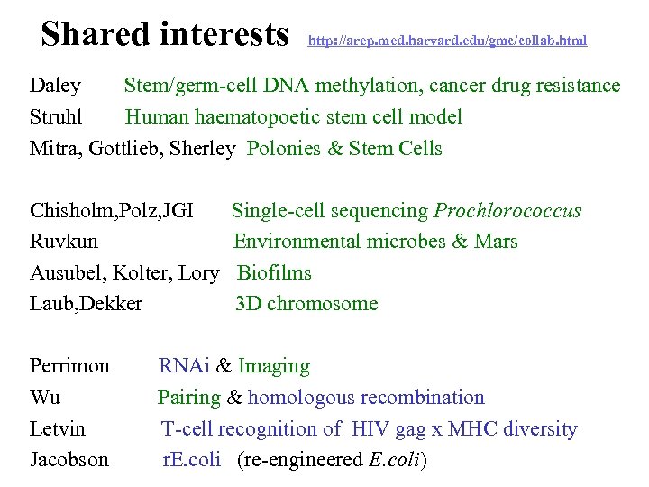 Shared interests http: //arep. med. harvard. edu/gmc/collab. html Daley Stem/germ-cell DNA methylation, cancer drug