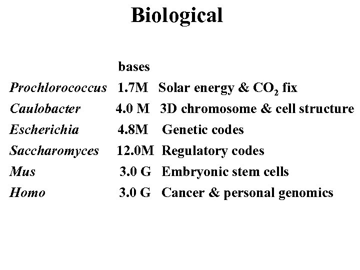 Biological bases Prochlorococcus Caulobacter Escherichia Saccharomyces Mus Homo 1. 7 M 4. 0 M