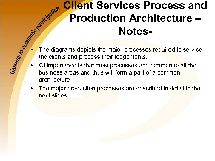 Client Services Process and Production Architecture – Notes • The diagrams depicts the major