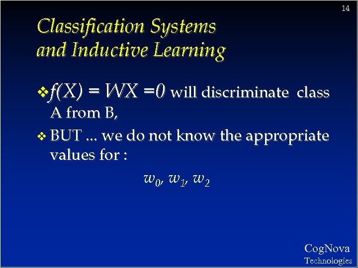 14 Classification Systems and Inductive Learning vf(X) = WX =0 will discriminate class A
