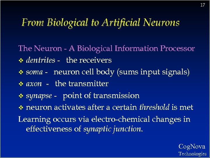 17 From Biological to Artificial Neurons The Neuron - A Biological Information Processor v