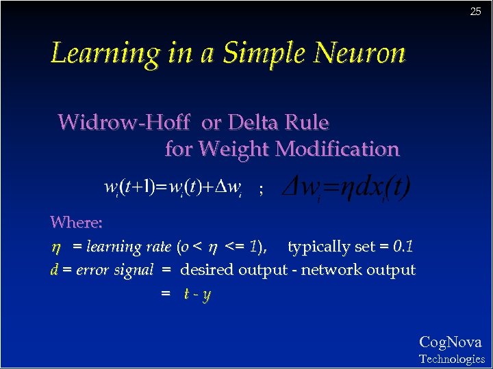 25 Learning in a Simple Neuron Widrow-Hoff or Delta Rule for Weight Modification ;