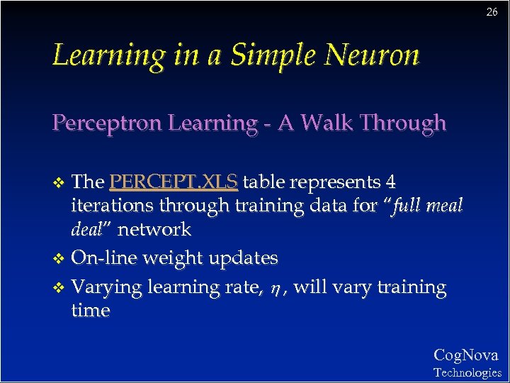 26 Learning in a Simple Neuron Perceptron Learning - A Walk Through The PERCEPT.