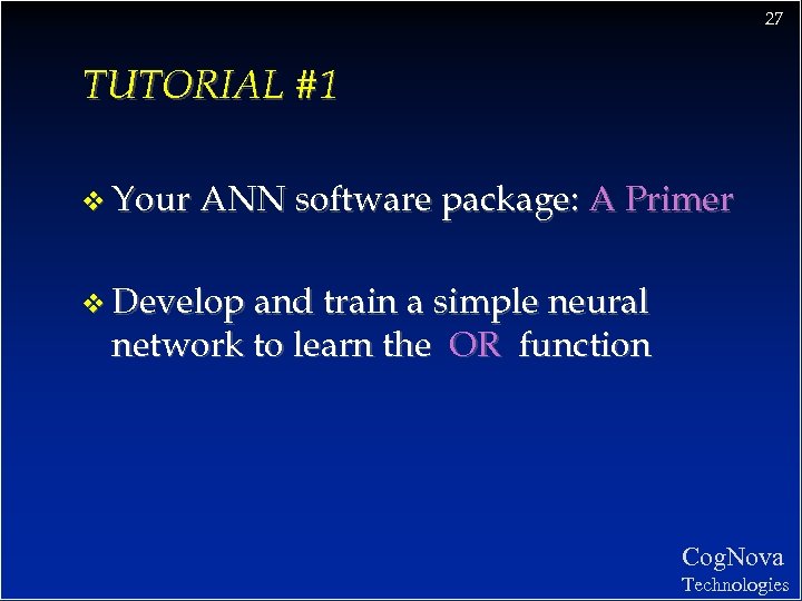 27 TUTORIAL #1 v Your ANN software package: A Primer v Develop and train