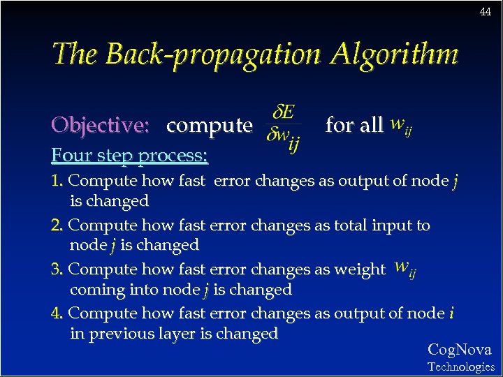 44 The Back-propagation Algorithm Objective: compute for all Four step process: 1. Compute how