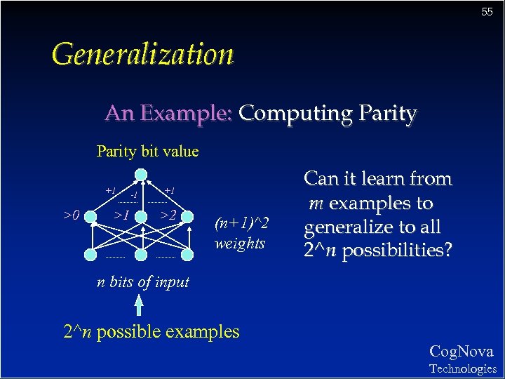 55 Generalization An Example: Computing Parity bit value +1 >0 >1 -1 +1 >2
