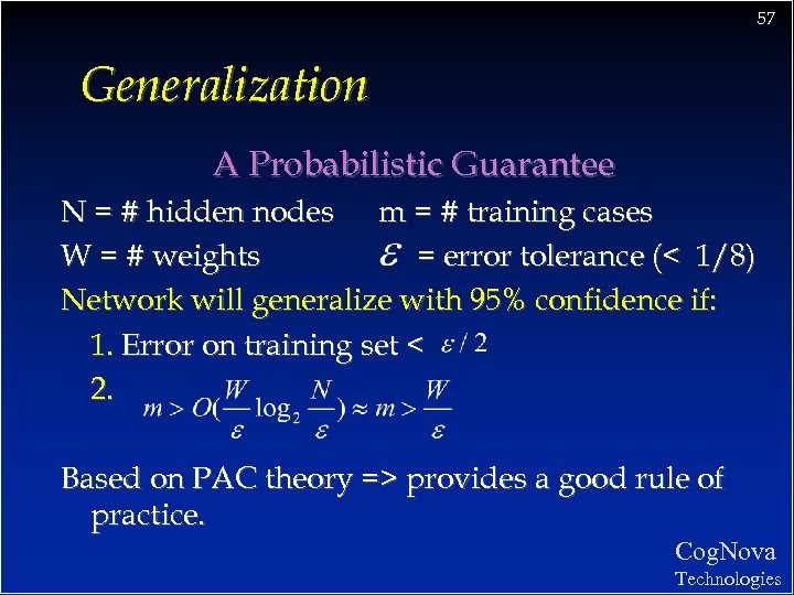 57 Generalization A Probabilistic Guarantee N = # hidden nodes m = # training