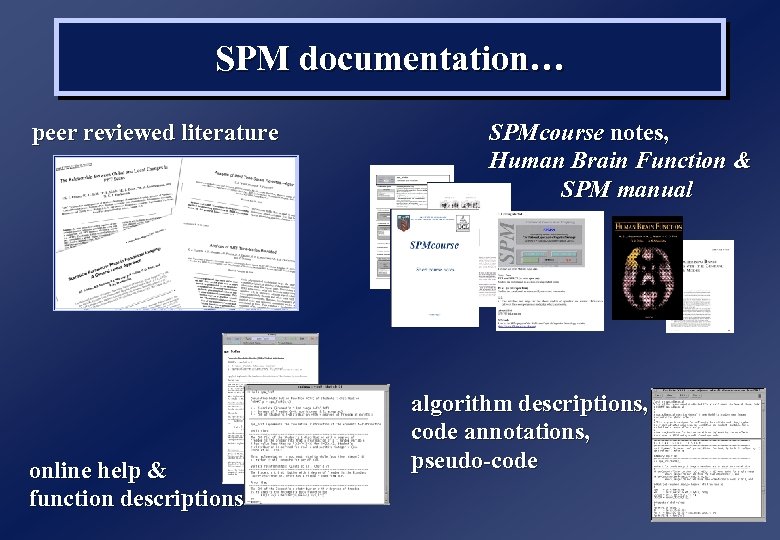 SPM documentation… peer reviewed literature online help & function descriptions SPMcourse notes, Human Brain