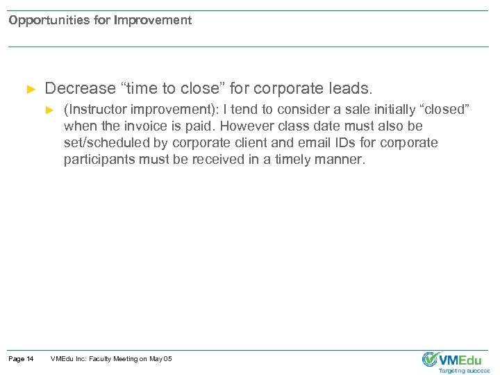 Opportunities for Improvement ► Decrease “time to close” for corporate leads. ► Page 14