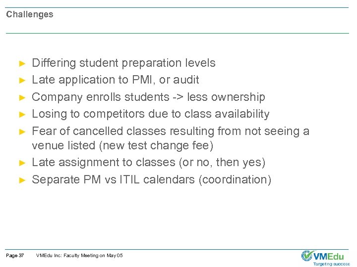 Challenges ► ► ► ► Page 37 Differing student preparation levels Late application to