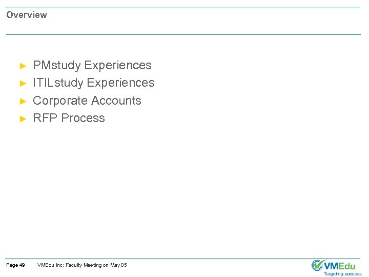Overview ► ► Page 49 PMstudy Experiences ITILstudy Experiences Corporate Accounts RFP Process VMEdu
