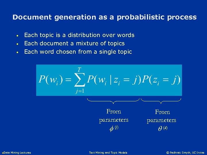 Document generation as a probabilistic process • • • Each topic is a distribution