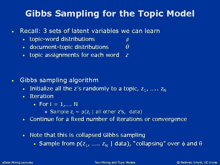 Gibbs Sampling for the Topic Model • Recall: 3 sets of latent variables we
