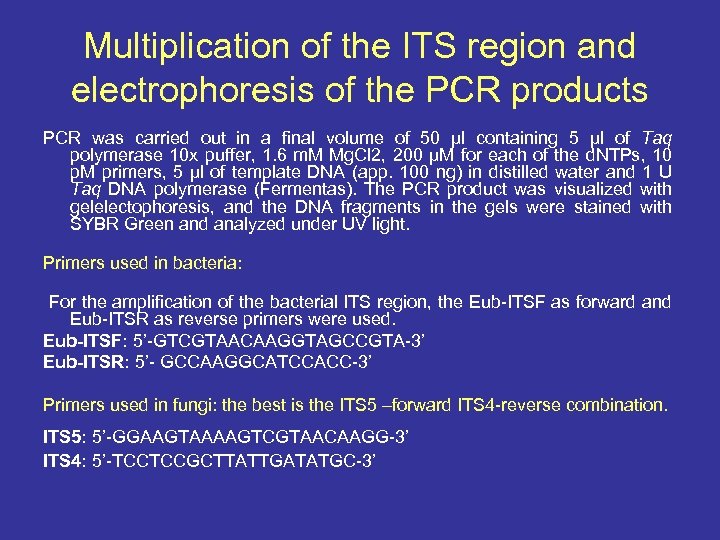 Multiplication of the ITS region and electrophoresis of the PCR products PCR was carried