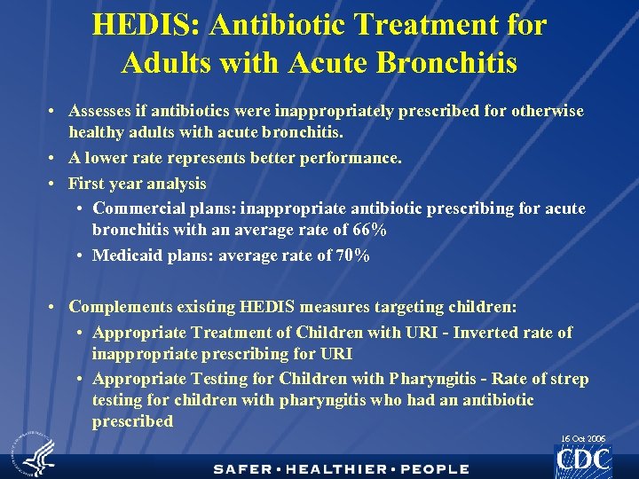 HEDIS: Antibiotic Treatment for Adults with Acute Bronchitis • Assesses if antibiotics were inappropriately