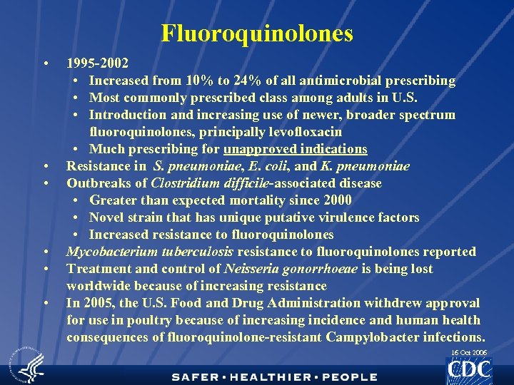 Fluoroquinolones • • • 1995 -2002 • Increased from 10% to 24% of all