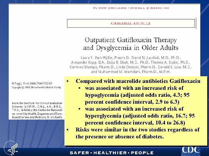  • • Compared with macrolide antibiotics Gatifloxacin • was associated with an increased