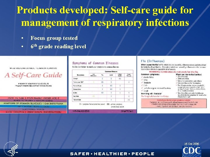 Products developed: Self-care guide for management of respiratory infections • • Focus group tested