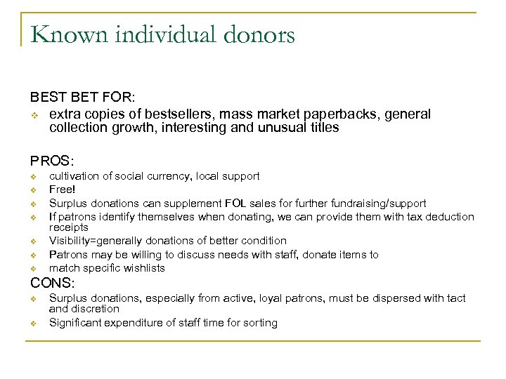 Known individual donors BEST BET FOR: v extra copies of bestsellers, mass market paperbacks,