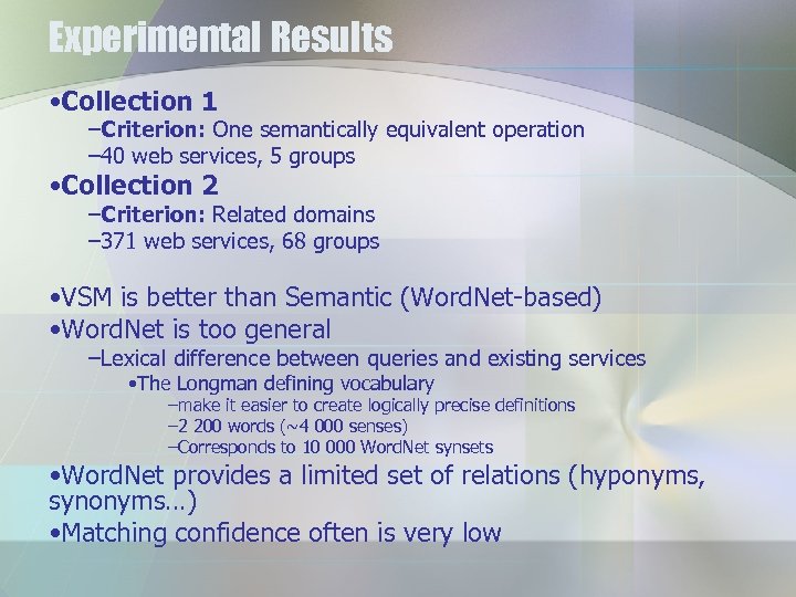 Experimental Results • Collection 1 –Criterion: One semantically equivalent operation – 40 web services,