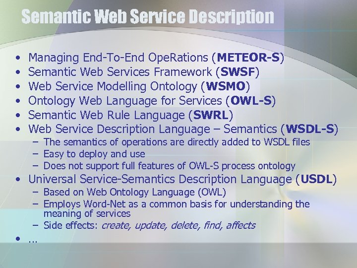Semantic Web Service Description • • • Managing End-To-End Ope. Rations (METEOR-S) Semantic Web