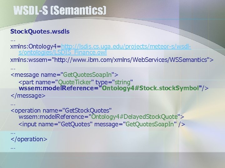 WSDL-S (Semantics) Stock. Quotes. wsdls … xmlns: Ontology 4=http: //lsdis. cs. uga. edu/projects/meteor-s/wsdls/ontologies/LSDIS_Finance. owl