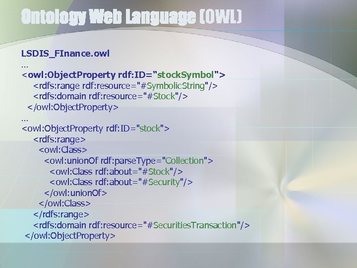 Ontology Web Language (OWL) LSDIS_FInance. owl … <owl: Object. Property rdf: ID="stock. Symbol"> <rdfs: