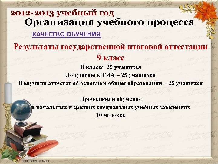 2012 -2013 учебный год Организация учебного процесса КАЧЕСТВО ОБУЧЕНИЯ Результаты государственной итоговой аттестации 9