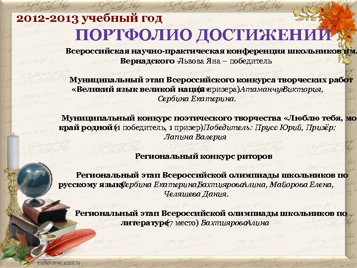 2012 -2013 учебный год ПОРТФОЛИО ДОСТИЖЕНИЙ Всероссийская научно-практическая конференция школьников им. Вернадского – Львова