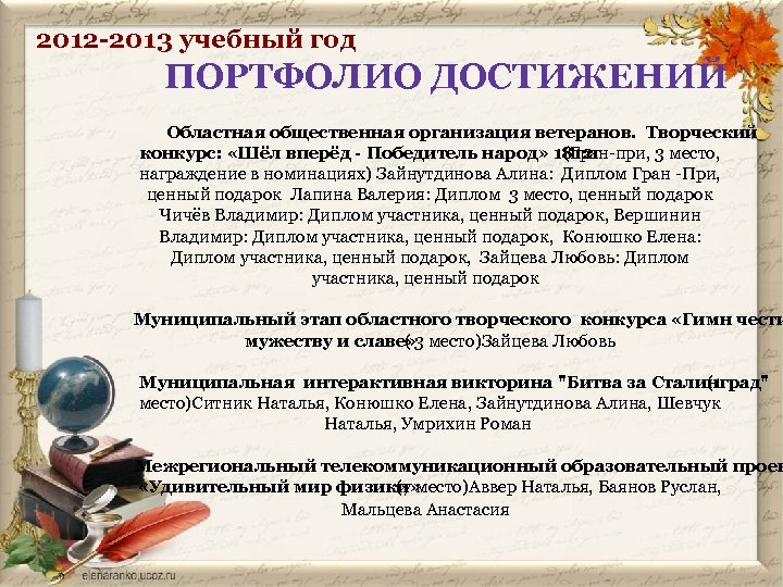 2012 -2013 учебный год ПОРТФОЛИО ДОСТИЖЕНИЙ Областная общественная организация ветеранов. Творческий конкурс: «Шёл вперёд