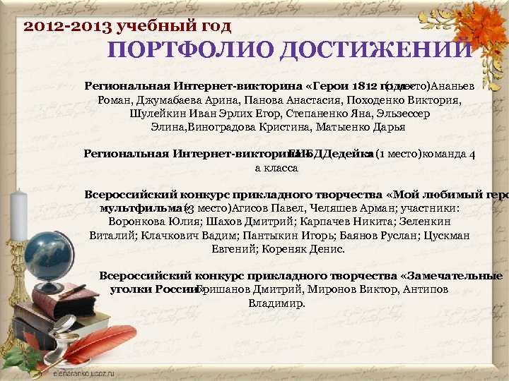 2012 -2013 учебный год ПОРТФОЛИО ДОСТИЖЕНИЙ Региональная Интернет-викторина «Герои 1812 года» (1 место)Ананьев Роман,