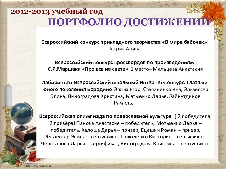 2012 -2013 учебный год ПОРТФОЛИО ДОСТИЖЕНИЙ Всероссийский конкурс прикладного творчества «В мире бабочек» Петрич
