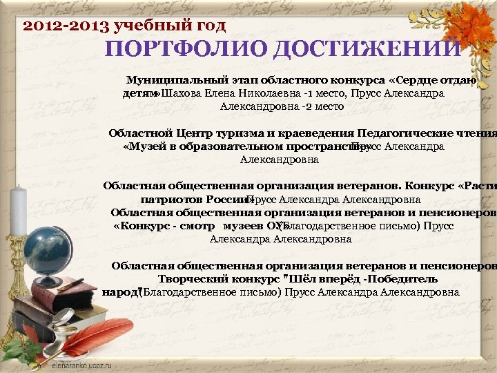 2012 -2013 учебный год ПОРТФОЛИО ДОСТИЖЕНИЙ Муниципальный этап областного конкурса «Сердце отдаю детям »