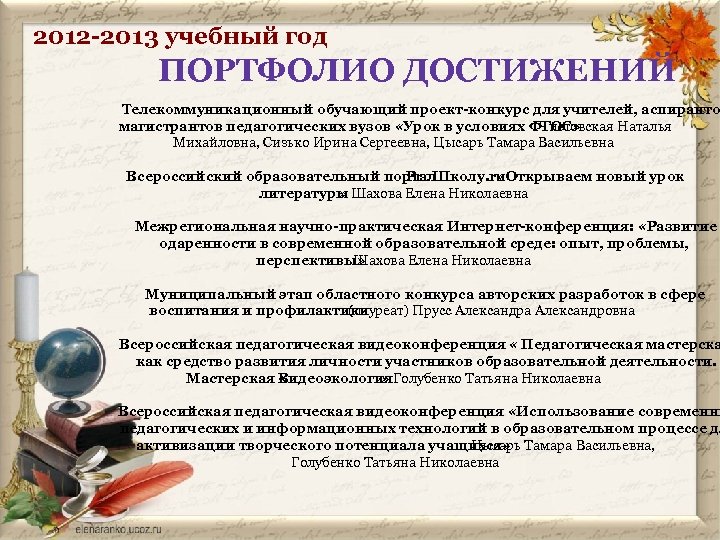 2012 -2013 учебный год ПОРТФОЛИО ДОСТИЖЕНИЙ Телекоммуникационный обучающий проект-конкурс для учителей, аспиранто магистрантов педагогических