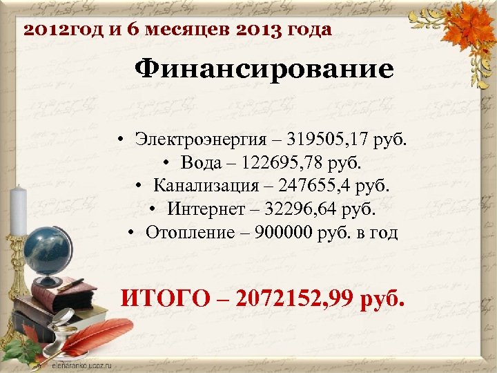 2012 год и 6 месяцев 2013 года Финансирование • Электроэнергия – 319505, 17 руб.