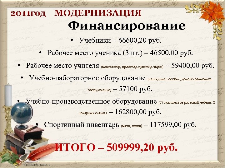 2011 год МОДЕРНИЗАЦИЯ Финансирование • Учебники – 66600, 20 руб. • Рабочее место ученика