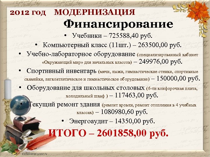 2012 год МОДЕРНИЗАЦИЯ Финансирование • Учебники – 725588, 40 руб. • Компьютерный класс (11