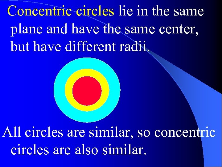 Concentric circles lie in the same plane and have the same center, but have