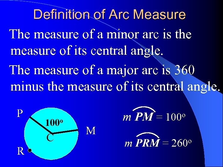 Definition of Arc Measure The measure of a minor arc is the measure of