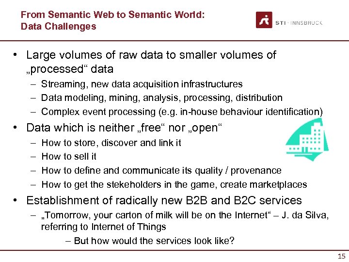 From Semantic Web to Semantic World: Data Challenges • Large volumes of raw data