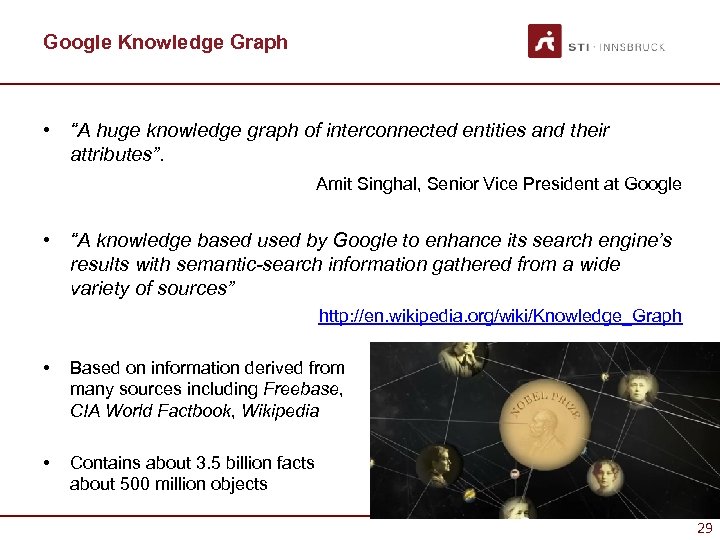 Google Knowledge Graph • “A huge knowledge graph of interconnected entities and their attributes”.