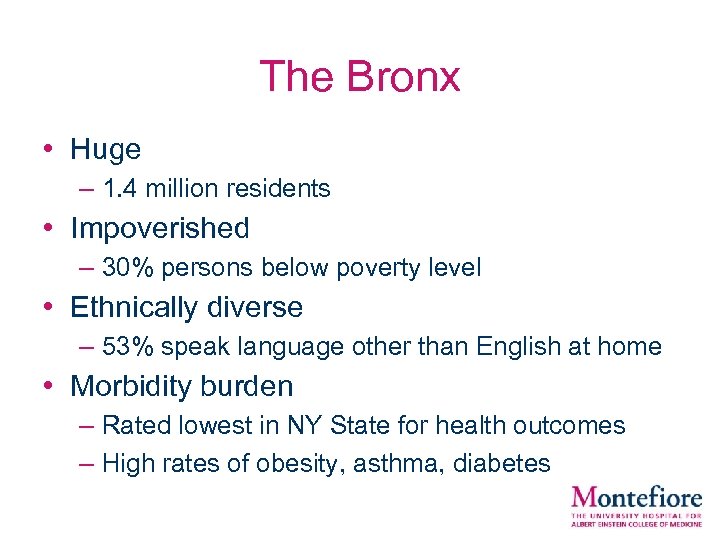 The Bronx • Huge – 1. 4 million residents • Impoverished – 30% persons