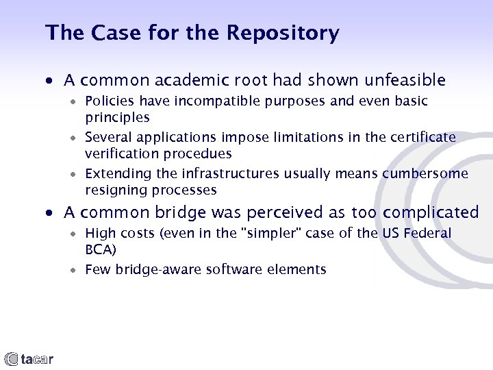 The Case for the Repository A common academic root had shown unfeasible Policies have