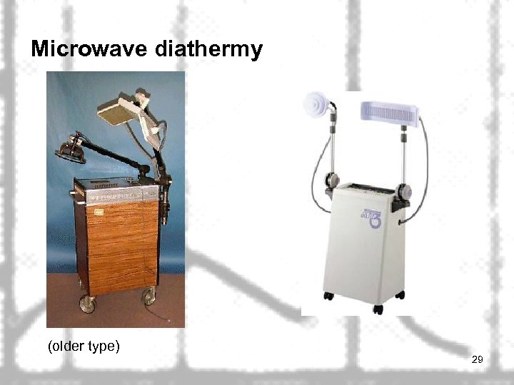 Microwave diathermy (older type) 29 