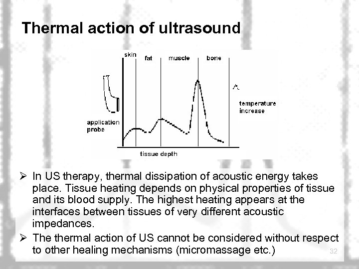 Thermal action of ultrasound Ø In US therapy, thermal dissipation of acoustic energy takes