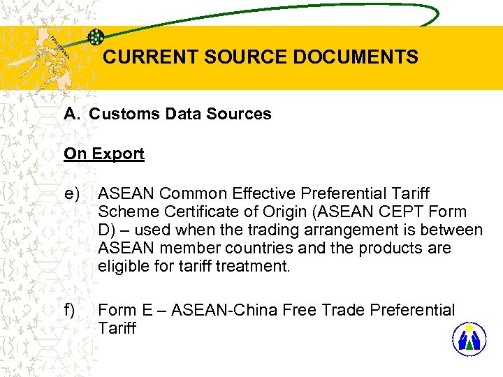 CURRENT SOURCE DOCUMENTS A. Customs Data Sources On Export e) ASEAN Common Effective Preferential