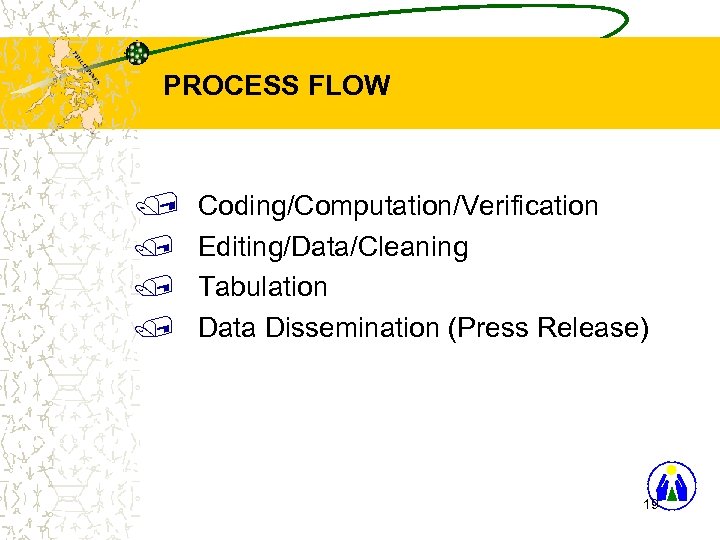 PROCESS FLOW / Coding/Computation/Verification / Editing/Data/Cleaning / Tabulation / Data Dissemination (Press Release) 19