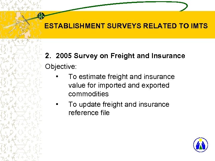 ESTABLISHMENT SURVEYS RELATED TO IMTS 2. 2005 Survey on Freight and Insurance Objective: •