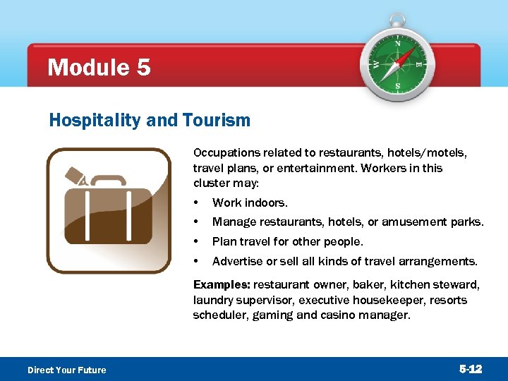Module 5 Hospitality and Tourism Occupations related to restaurants, hotels/motels, travel plans, or entertainment.